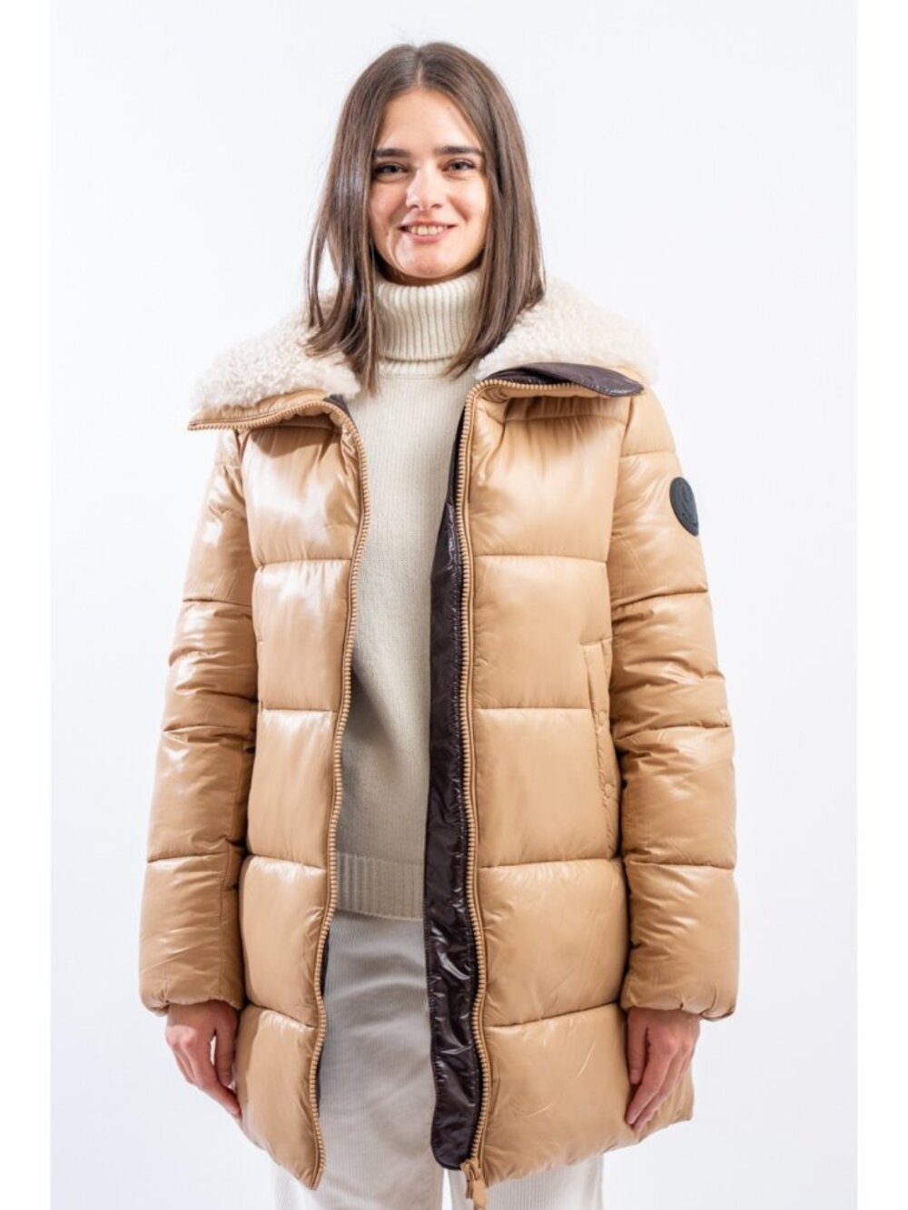 Save The Duck Bonita Puffer Coat Faux Shearling Collar Biscuit Beige Quilted
